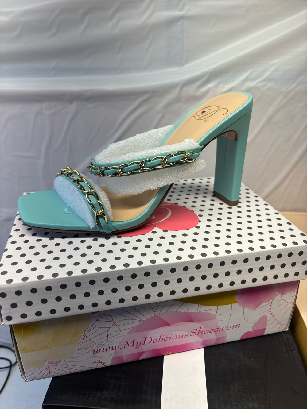 Delicious Teal Block-Heel Slide with Gold Chain - Picture 3 of 7